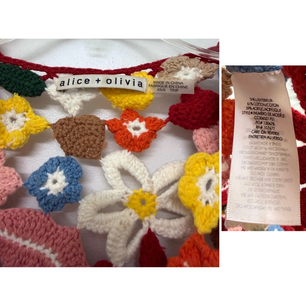 Alice + Olivia Fawn Collage Crochet Cardigan Sweater Cotton Floral XS S - Picture 3 of 14